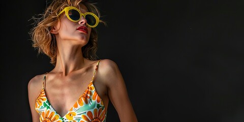 Young woman model in her 30s wearing a bright and colorful sundress with sunglasses - fun and friendly 