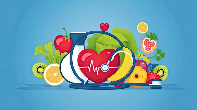 Illustration in which healthy foods appear, with cardiological elements, concept of a healthy cardio Mediterranean diet.
