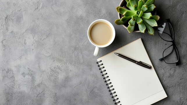 a notepad, pen, glasses, and coffee cup arranged neatly on a grey concrete table background, offering ample copy space for various mockup purposes.