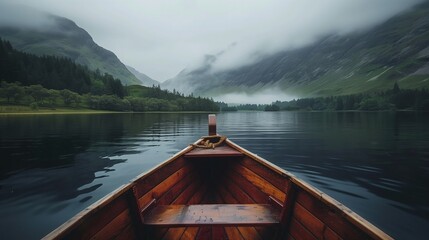 Serene Lake Scene with a Wooden Boat on a Misty Morning