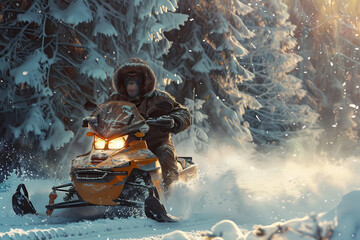 A man is riding a snowmobile through a snowy forest - obrazy, fototapety, plakaty
