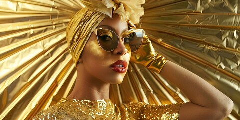 Young woman wearing metallic gold dress, sunglasses, and lipstick with copy space