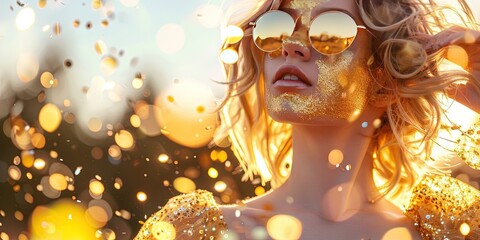 Young woman wearing metallic gold dress, sunglasses, and lipstick with copy space