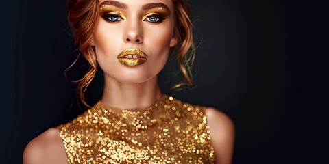 Young woman wearing metallic gold dress and lipstick with copy space
