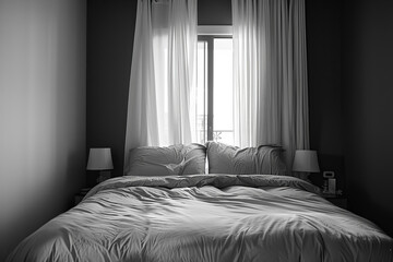 A bed with white sheets and a lamp on the nightstand