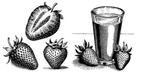 Vintage strawberry and milkshake vector set. Cute, hand-drawn illustrations of fruit, juice, and dessert. Retro black and white line art, featuring botanical details - obrazy, fototapety, plakaty