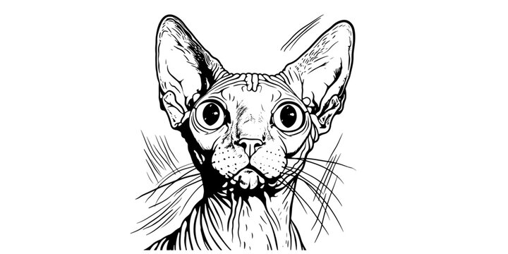 Shocked Sphynx Cat Sketch. Hand-drawn vector illustration capturing a hairless cat's surprised expression. Vintage-inspired black line art 