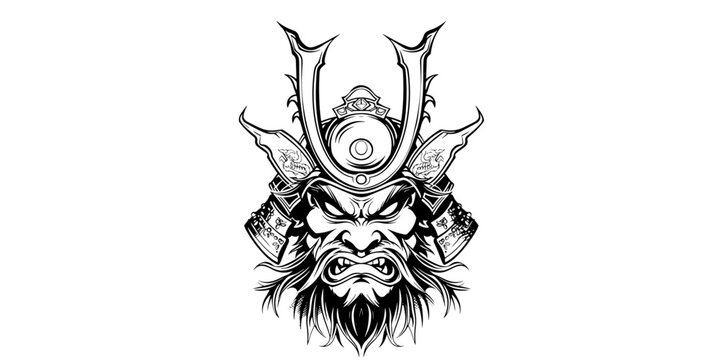 Angry Samurai Warrior Vector. Traditional Japanese art featuring a fierce samurai mask and katana sword. Grunge graphic design with elements of koi, demon, and bushido emblem in black and white