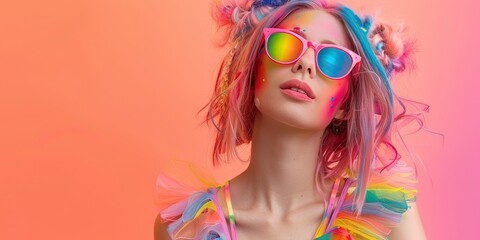 Young woman wearing rainbow sunglasses, rainbow hair, rainbow dress