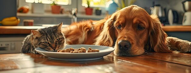 a dog and cat peacefully enjoying their meal together in a cozy home environment. - obrazy, fototapety, plakaty