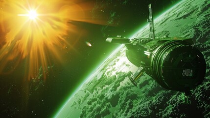 space scene, green planet in foreground, transport space vessel visble nearby, sun in the background