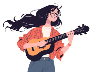 Musician playing guitar. Happy young woman guitarist wearing red shirt and glasses with musical acoustic instrument. Happiness. Flat vector illustration isolated on white background