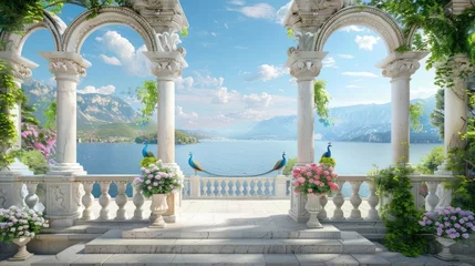 Foto auf Acrylglas graceful arches, ornate columns, and blooming flowers adorning the stairs, leading to a garden where majestic peacocks roam freely against the backdrop of a tranquil lake view. © lililia