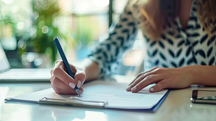 Naklejka premium hands meticulously write on paper with a pen, capturing the essence of business dealings in an office background, where a confident businesswoman sits at her desk, signing a contract in a company.