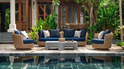 Fototapeta premium an outdoor garden pool or patio adorned with a chic sofa chair set, featuring navy blue cushions atop brown wicker, complemented by a sleek grey fabric table.