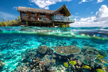 A beautiful underwater scene with a house in the middle - obrazy, fototapety, plakaty