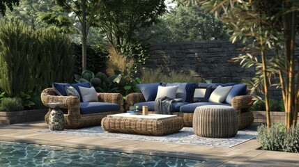 an outdoor garden pool or patio adorned with a chic sofa chair set, featuring navy blue cushions atop brown wicker, complemented by a sleek grey fabric table.