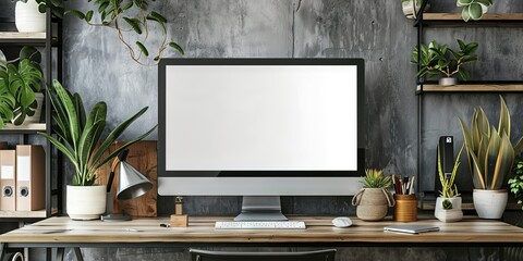 Blank computer monitor on workstation - obrazy, fototapety, plakaty
