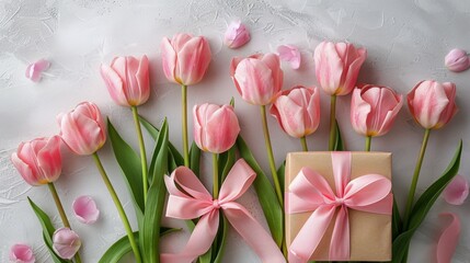Obraz premium Pink Tulips and Gift Wrapped in Pink Ribbon