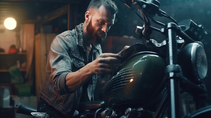 Biker man cleaning motorcycle , Polished and coating wax on fuel tank. - obrazy, fototapety, plakaty