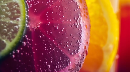 close up view of purple green yellow orange and red fruit and vegetable juice