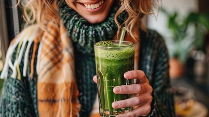 Friendly woman drinking green juice with a smile on her face