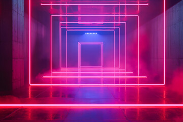 Abstract neon light geometric background. Rectangle stage product display. Glowing neon lines. Empty futuristic stage laser. Rectangular laser lines. Square stage. Laser show design. Copyspace