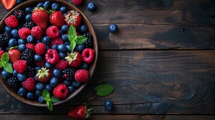 Fresh organic summer berries mix in round wooden tray on dark wooden table background - obrazy, fototapety, plakaty