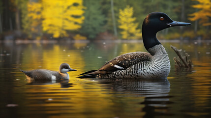 Loon and baby on the water, in the style of national geographic photo, loon family.