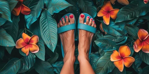 Zelfklevend Fotobehang Woman's feet with pedicured toes in sandals with summer background © Brian
