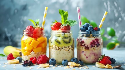 Jars of overnight oats with fresh fruit and topping