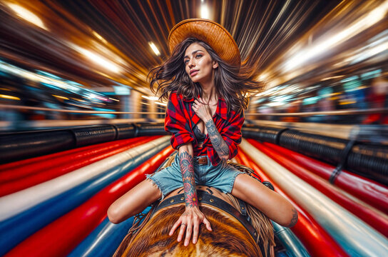 Woman with tattoos and cowboy hat at bachelorette party sitting on a mechanical bull