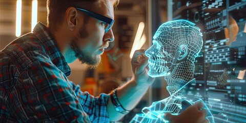 Engineer interacting with Augmented reality wireframe hologram of a human  - obrazy, fototapety, plakaty