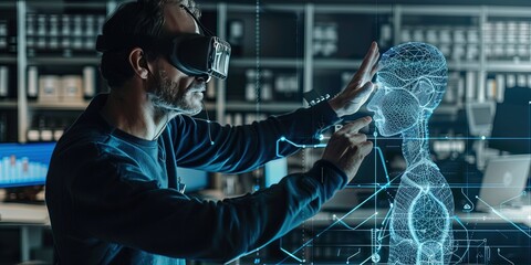 Engineer interacting with Augmented reality wireframe hologram of a human 