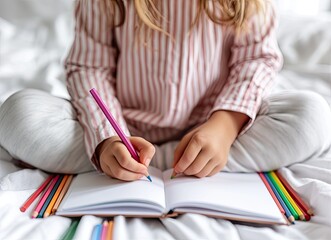 a child sits on a bed, engrossed in drawing with colored pencils held in hand, accompanied by a...