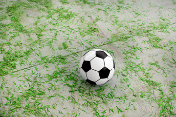 Imagen horizontal de un balón de futbol sobre un suelo de cemento con hojas verdes - obrazy, fototapety, plakaty