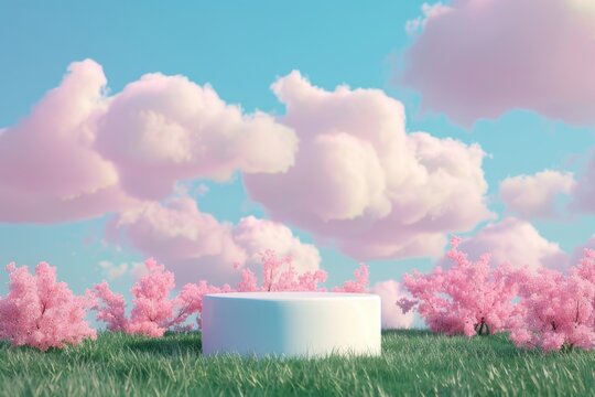 Fototapeta Pink podium with pastel sky and cloud background for product display. 3D platform with sakura flower stage in a dreamy, spring garden scene. Abstract nature beauty with cherry bloom for fashion show