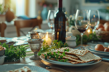 Pesah,Passover holiday easter composition card silver kearah, bottle of wine, matzo,egg, greens traditional Jewish Passover dishes.warm cozy soft evening light,cinematic atmospheric style,holiday mood - obrazy, fototapety, plakaty