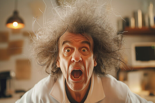 Portrait of a mad scientist with wild hair and a lab coat, caught in a moment of surprise and alarm. The image humorously captures the essence of this iconic, quirky persona
