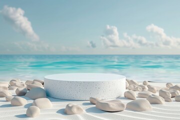  Summer beach podium for product showcase. 3D design with sea, sky, and sand background. Perfect for beauty and cosmetic displays, capturing the essence of nature in a minimal setup