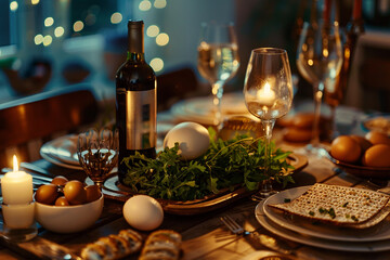 Fototapeta na wymiar Pesah,Passover holiday easter composition card silver kearah, bottle of wine, matzo,egg, greens traditional Jewish Passover dishes.warm cozy soft evening light,cinematic atmospheric style,holiday mood