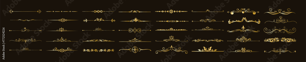 Wall mural Vintage golden border elements set. Decorative lines collection. Borders, frames, dividers set for wedding greeting and invitation card - Wall murals
