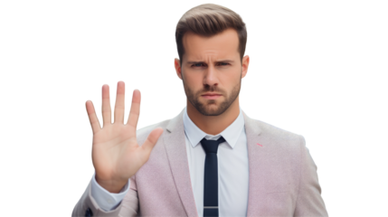 A man in formal wear, with a suit and tie, is using his hand to make a stop gesture. His jaw is set, with a beard peeking out from under his collar on transparent