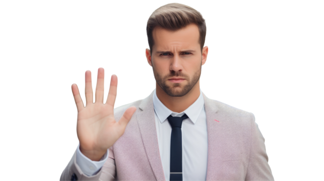 A man in formal wear, with a suit and tie, is using his hand to make a stop gesture. His jaw is set, with a beard peeking out from under his collar on transparent