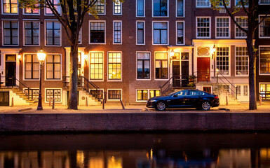 Peaceful cozy night scene in Amsterdam city centre, Jordaan district