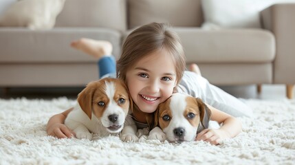 a little girl lies on a soft white carpet, her face beaming with happiness as she cuddles her adorable puppy in the cozy ambiance of a living room.