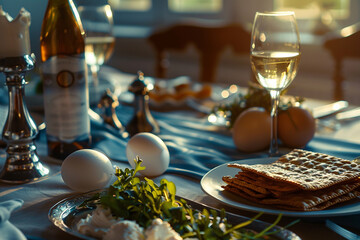 Pesah,Passover holiday easter composition card silver kearah, bottle of wine, matzo,egg, greens traditional Jewish Passover dishes.warm cozy soft evening light,cinematic atmospheric style,holiday mood