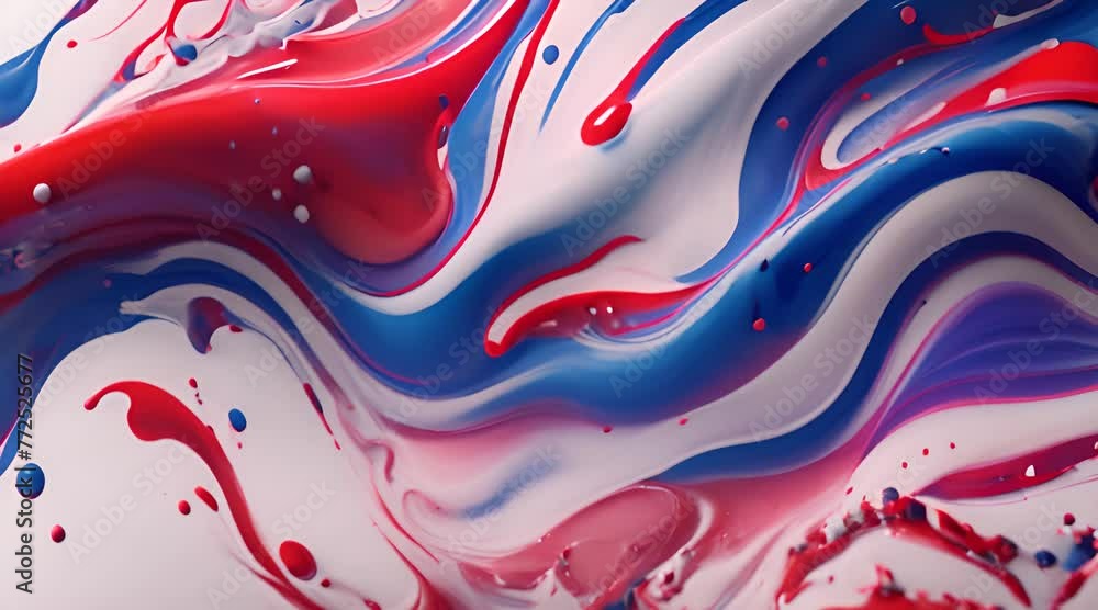 Poster mix of red white blue color paints with blended drops on fluid while forming abstract patterns again