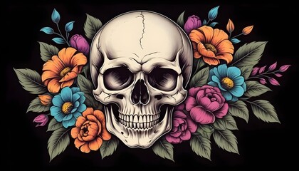 Skull and Flowers, Vintage illustration. Elegant tattoo design. Digital illustration for prints, posters, postcards, stickers, tattoo