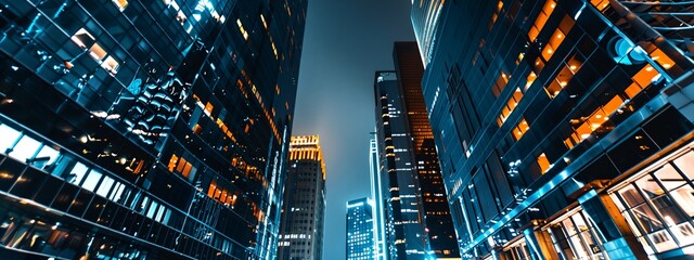 a city street with tall buildings lit up at night time - obrazy, fototapety, plakaty